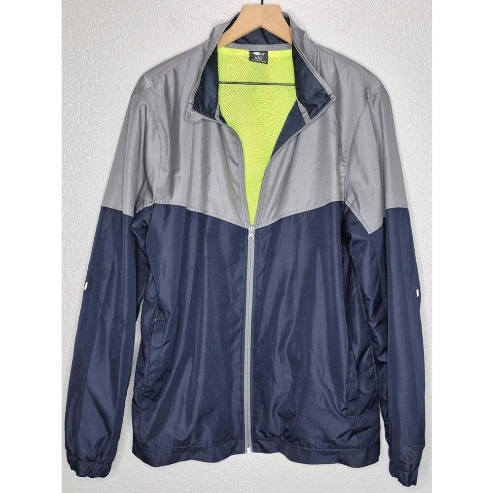 Starter Jacket Wind Breaker Large 42-44 Navy Blue & Gray Lined Full Zip Mens